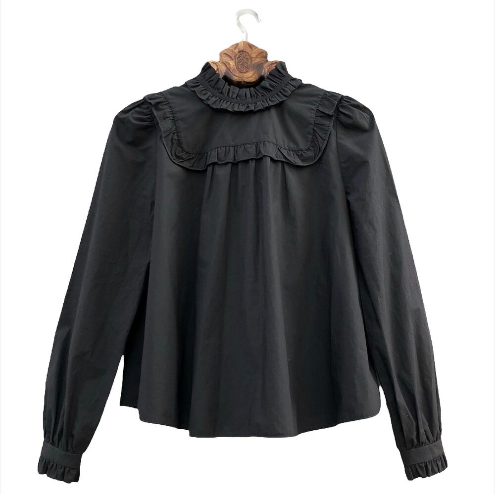 Odeeh Black Blouse High Victorian Neck Ruffle Boxy Fit Cotton 36